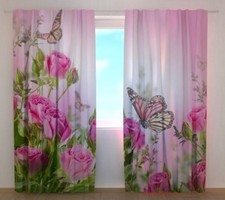 Curtain with Floral Print Butterflies and Pink Roses Wellmira Ready Made 3D