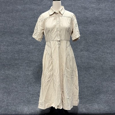 Rosetta Getty Collective Dress Womens 10 Beige Shirt Midi Fit Flare Pockets