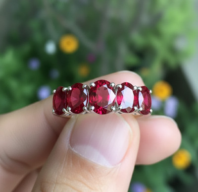 Lab Ruby 5 Stone Designer Ring 925 Sterling Unique Gemstone Ring
