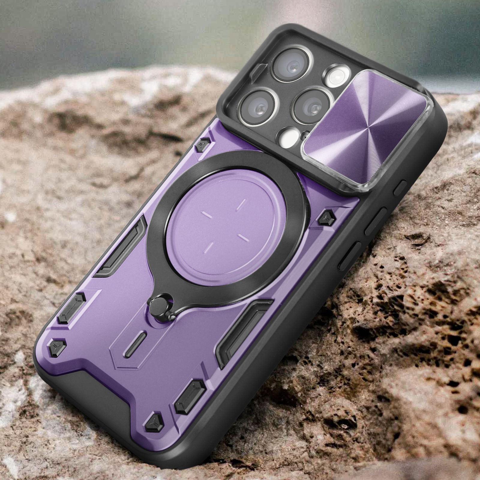 Coque iPhone 15 Pro antichoc violette rigide bi-matière avec support bague - 3