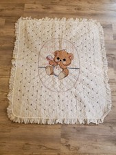 Vintage Crib Quilt Teddy Bear Bunny Cross Stitch Baby Blanket Cotton Embroidered