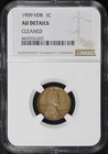 1909 VDB Lincoln Wheat Cent NGC AU Details Cleaned