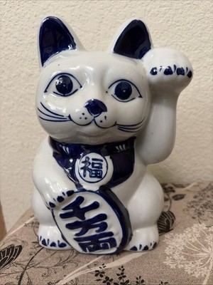 Vintage Maneki neko, japanese lucky cat, blue white beckoning cat, tokoname cat
