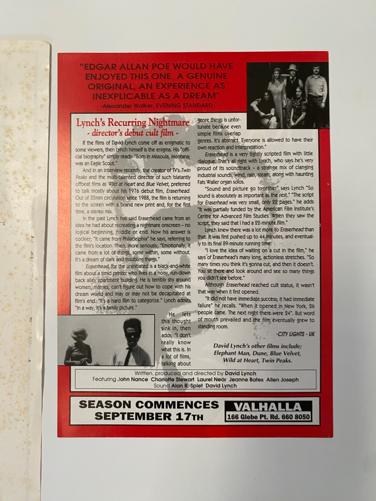 Original 1977 Eraserhead Press Kit & Australian reissue flyer David Lynch movie