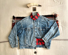 Levi’s Trucker Jacket XL Made USA Vintage 1990 90s Blanket Lined Denim Check Red