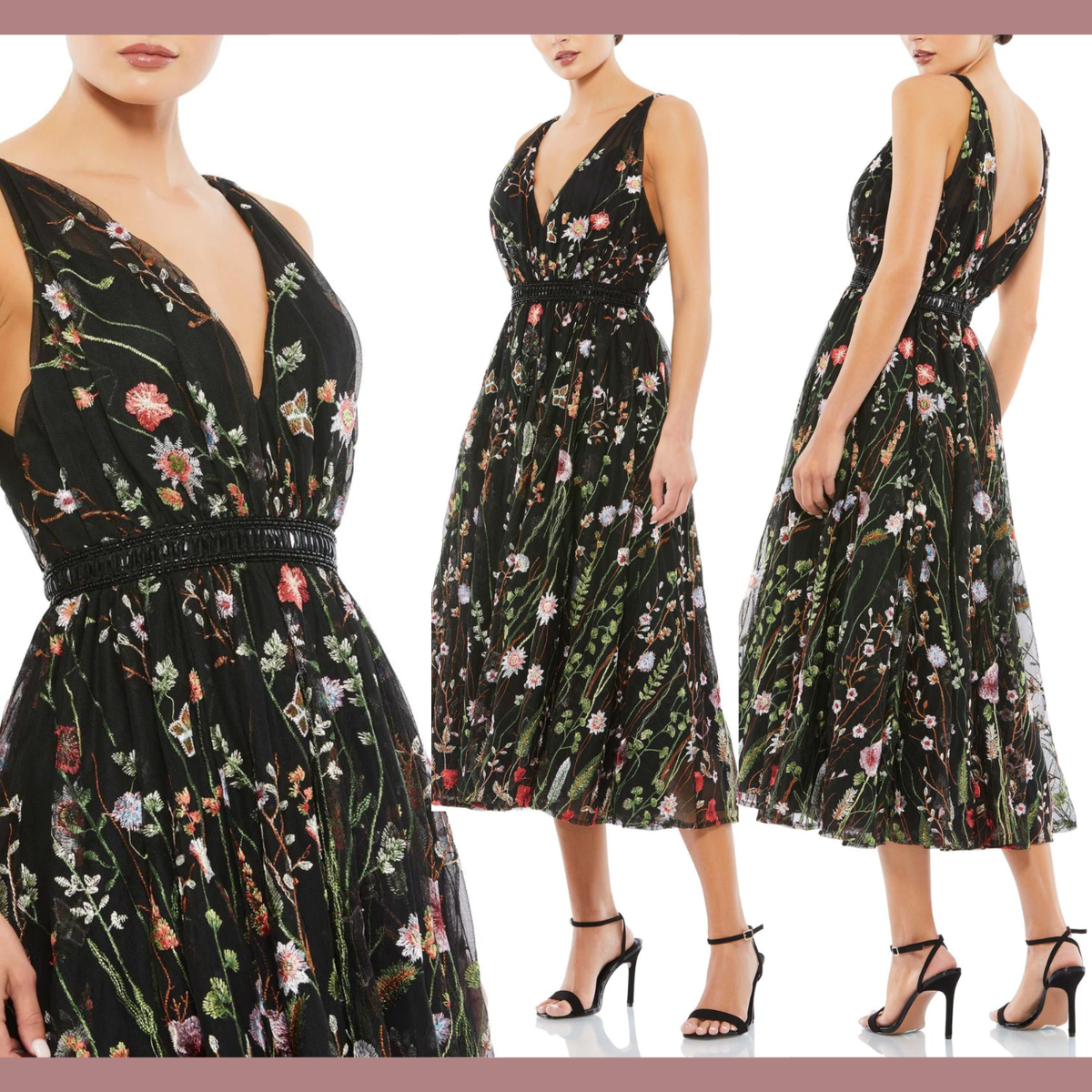 mac duggal cocktail floral embroidered v-neck midi-dress Mac Duggal V-Neck Sleeveless Midi Floral Beaded A-Line Dress in Nude Multi at Nordstrom, Size 16