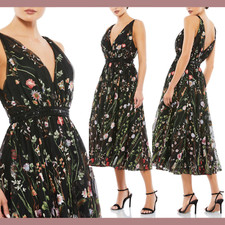 NWT $498 Mac Duggal [ 6 ] Garden V Neck Embroidered Floral Midi Dress BLK G1530