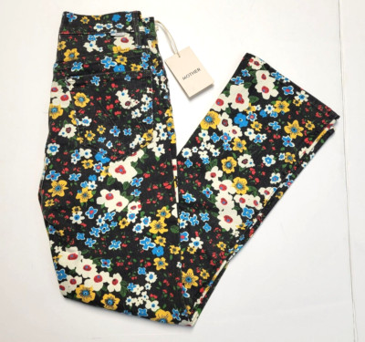 $208 New MOTHER High Waisted Jeans Denim Women 26 Black Floral Pushing Daisies