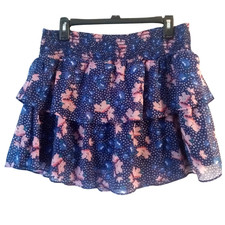 American Eagle Mini Skirt Sz Large Blue Chiffon Pink Floral Tiered Smocked Waist