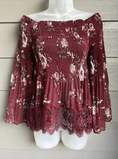 Charlotte Russe Y2K Babydoll Top Size M Red Fairycore Floral Lace Sheer Whimsy