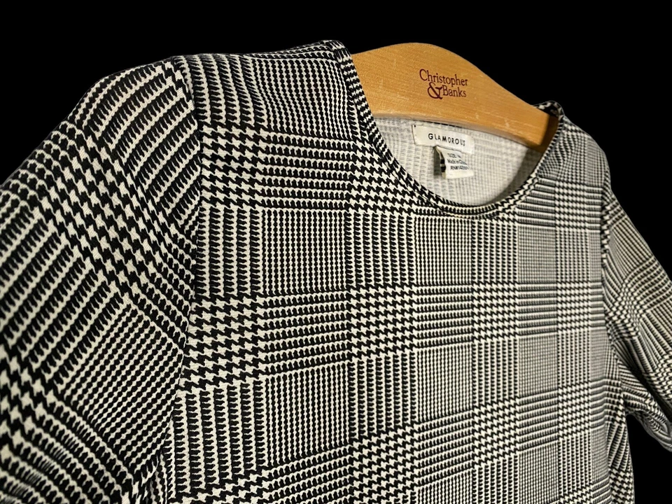 Vestido mediano M 4 6 8 negro blanco pata de gallo glamoroso manga larga cambio oscilante Foto 2 de 4