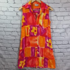 Vtg 90s Sleeveless Shirt Dress Sz 6 Bright Neon Colorblock Rayon Coastal Sheath