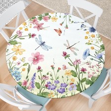Spring Summer Floral round Fitted Tablecloth with Elastic Waterproof Outdoor Tab