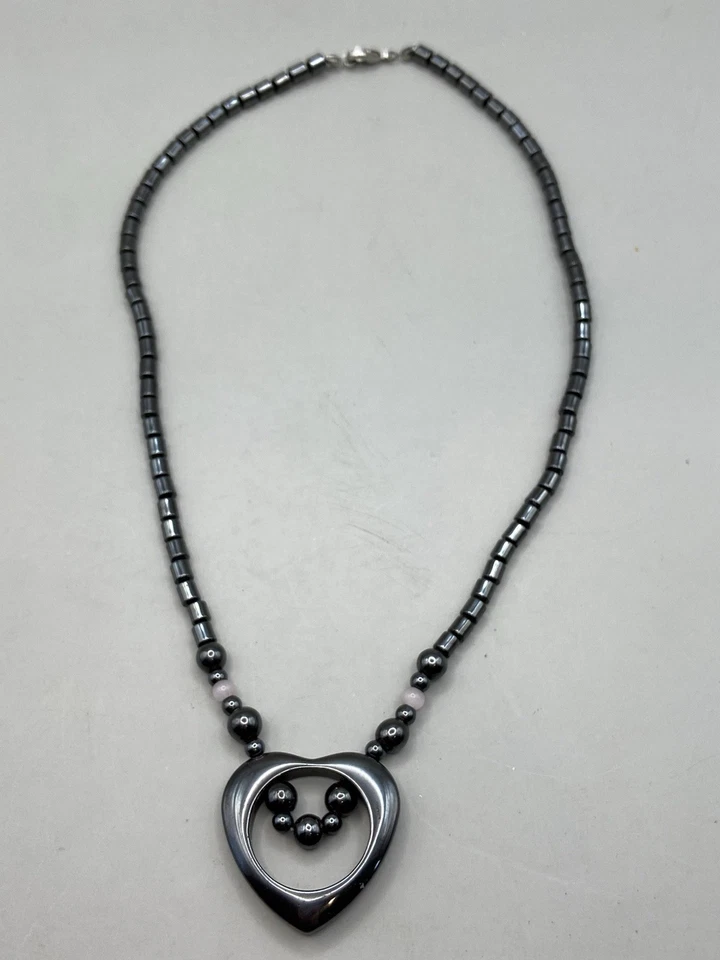 Natural Hematite Necklace Pink Quartz With Open Heart Pendant - Image 4 of 4