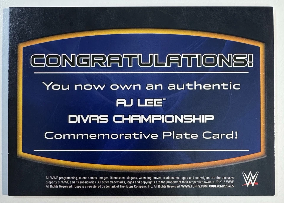 2015 Topps WWE AJ Lee Divas Championship Commemorative Plate Card - Image 2 of 2