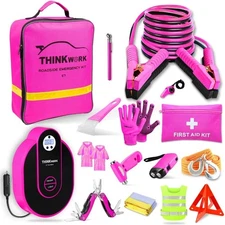 Pink Car Emergency Kit for Women with Digital Air Compressor 10FT Jumper Cables