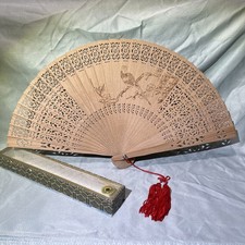 Vintage Japanese Wooden Hand Fan 14" Folding Sensu Sandalwood Original Box