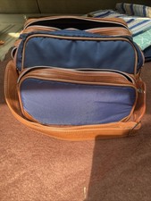 CAMERA ACCESSORY BAG, padded, 3 Pockets w/Zippers, navy w/brown leather  , VTG