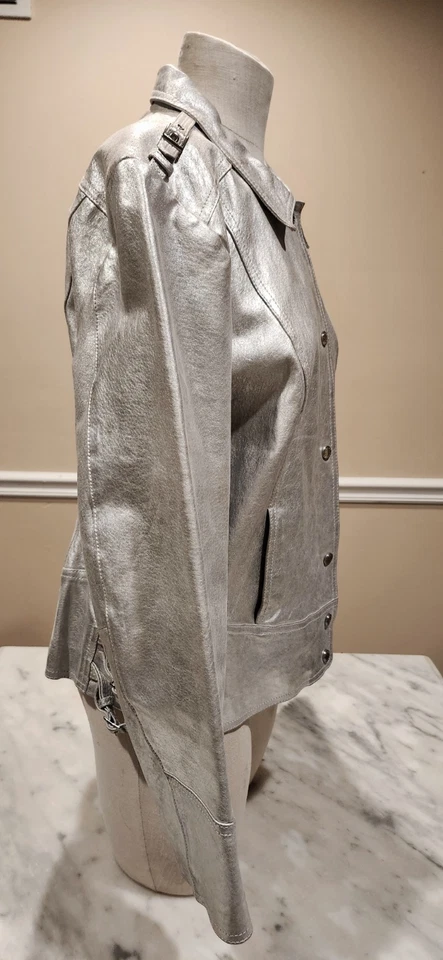 Bradley By Bradley Bayou Silver Metallic Leather Jacket  Large - Image 2 of 4