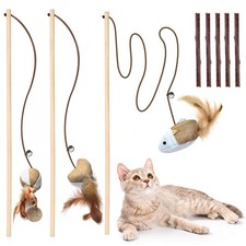 Natural Wood Cat Teaser Wand Toy, 3pcs 16 Inch, Catnip Sticks 16 inch, Linen