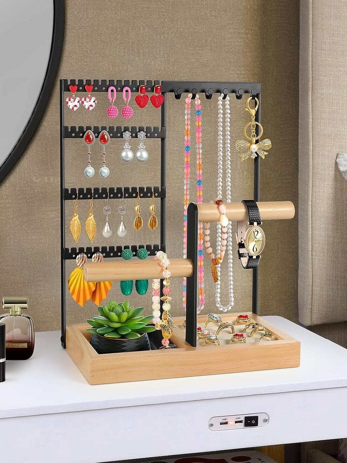 RFG 4-Tier Jewelry Organizer Stand with 48 Holes 6 Hooks for Earrings Necklaces Rings