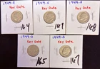 1949-S Roosevelt Dime Lot (5) 90% Silver 10c Key Date San Francisco Mint S10c Se