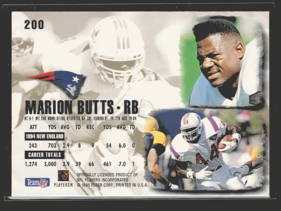 1995 Ultra #200 Marion Butts New England Patriots - Image 2 of 2