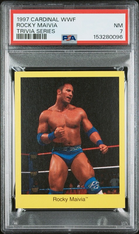 1997 Cardinal WWF ROCKY MAIVIA THE ROCK DWAYNE JOHNSON RC Rookie PSA 7 NM Trivia