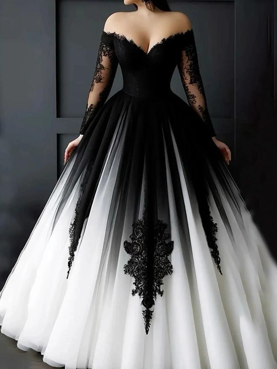 Unique V Neck Off Shoulder Black+White Wedding Dress Floor Length Applique  Tulle | eBay