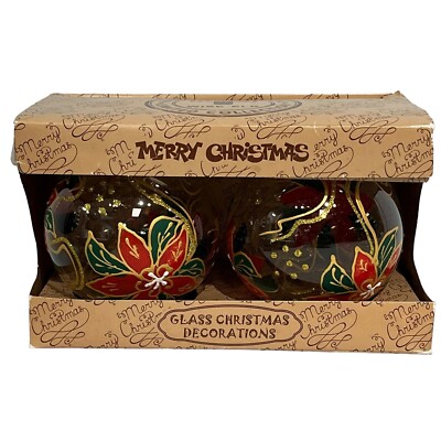 Wise Elk Glass Christmas Ornaments Poinsettia Set Of 2  Bulbs Clear Painted