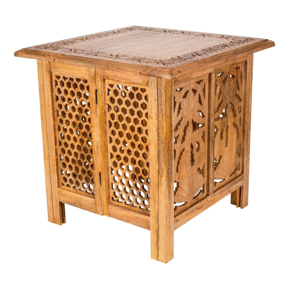 Antique Effect Square Carved Wooden Bedside Lamp Table Side End Coffee