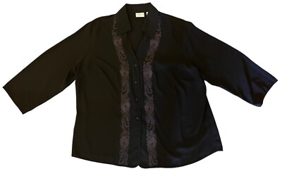 Covington Blouse Black Embroidered 3/4 Sleeves Button front Collar V Neck 16-18W