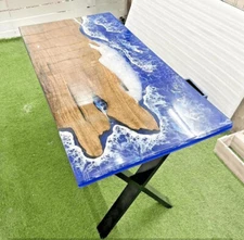 Blue Ocean Wave Epoxy Resin Dining Table Top Handmade Custom Order Centerpiece