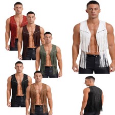 Herren Oberteil Offene Front Jacke Hippie Weste Retro Erwachsene Fransen Faux