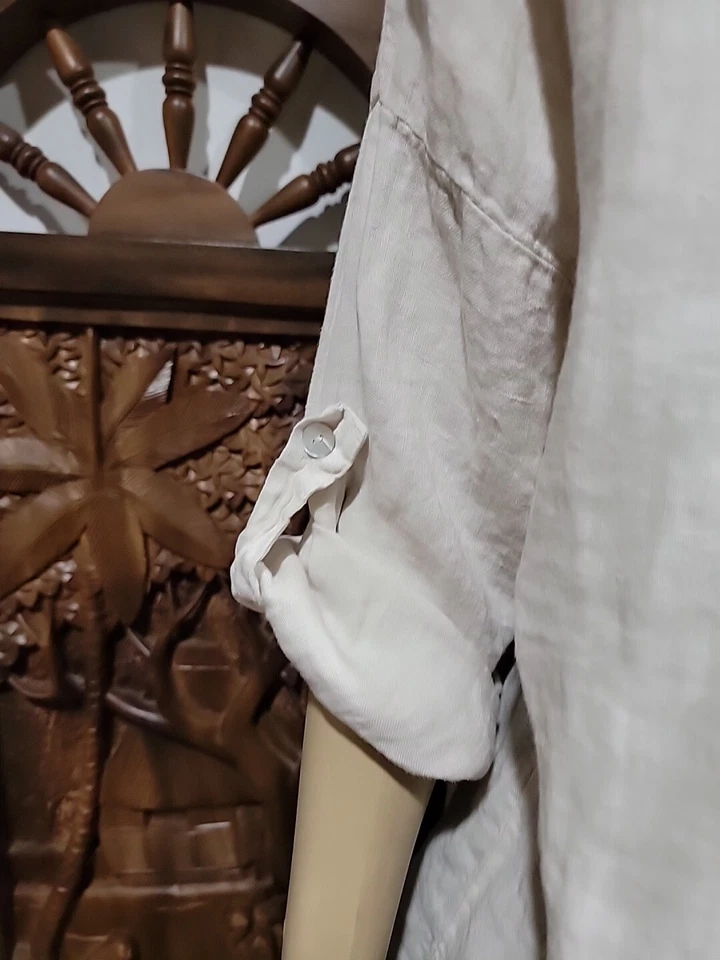 Blusa túnica Terzo Millennio de lino natural dobladillo alto-bajo manga lengüeta enrollable #C Foto 3 de 4