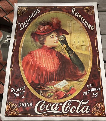 ORG VTG VERY RARE c. 1970's COCA-COLA 1908 ''CALENDAR LADY'' PRINT ON LINEN CANVAS