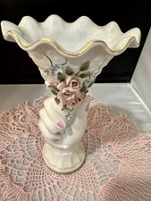 Lefton China Vintage White Hand Vase w/Pink Roses & Gold Trim 8" Tall