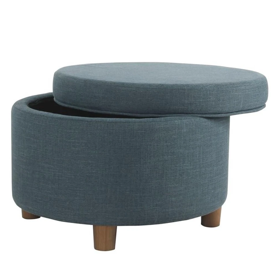 HomePop Round Transitional Wood and Fabric Storage Ottoman in Teal Blue - Image 4 of 4