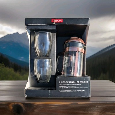 Bodum Chambord Copper French Press Set 8 Cup 34 oz & 2 Double Wall Glasses New