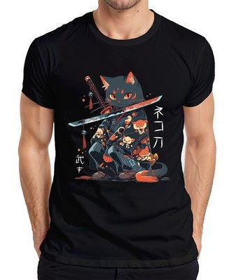 Samurai Katze Katana Kimono Kawaii Neko Japanisch Retro Manga Herren T-Shirt