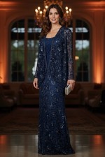 Vintage Judith Ann Creations Navy Blue Rayon Sequin Lace Gown Evening Dress Sz M