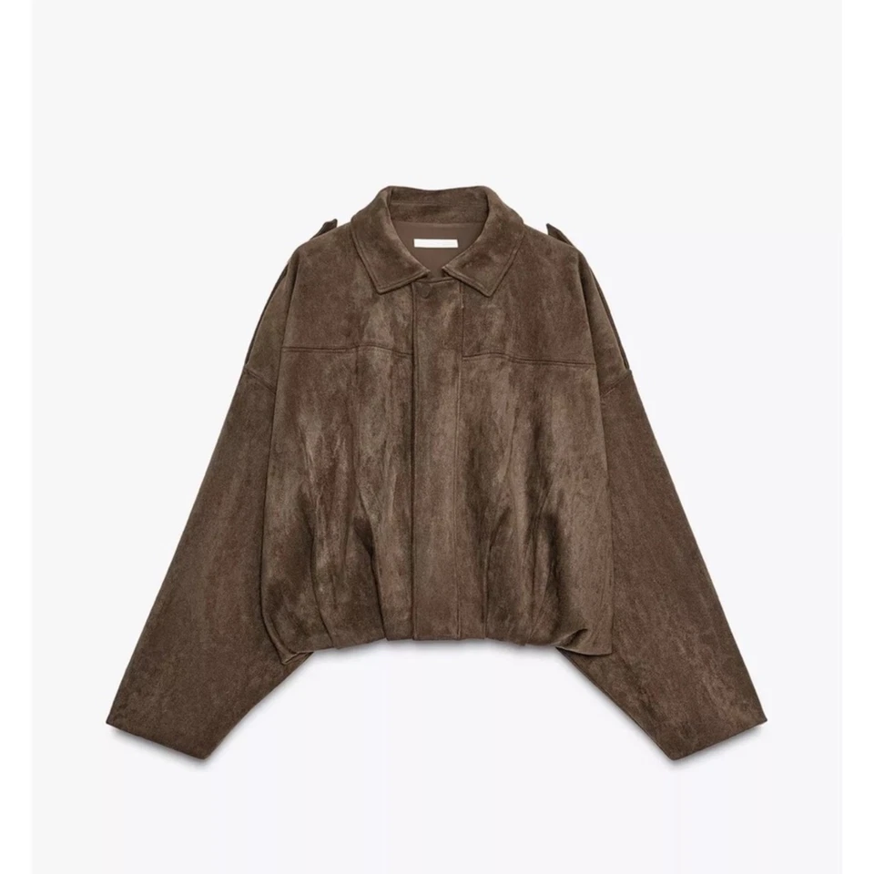 Chaqueta Bomber ZARA Marrón Imitación Gamuza Gran Tamaño Talla Pequeña Nueva Con Etiquetas Foto 2 de 4