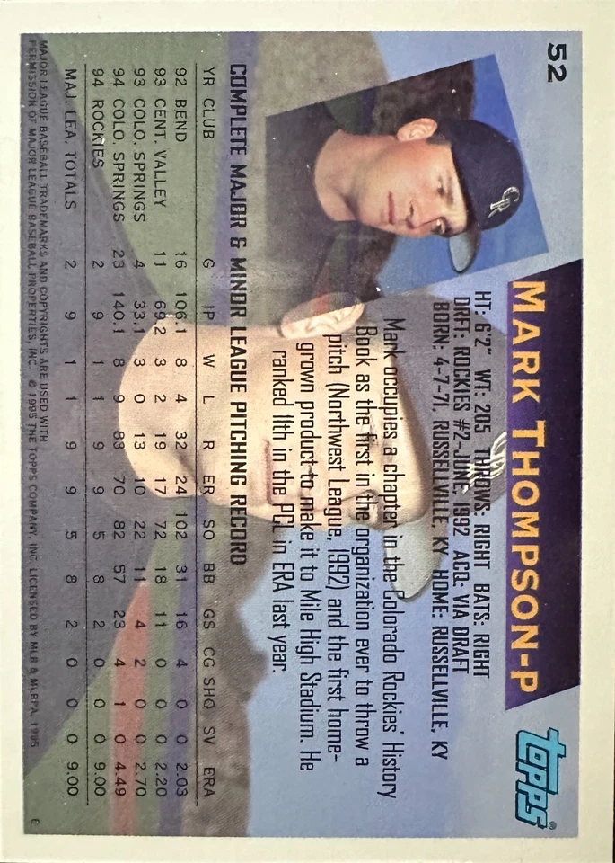 1995 Topps - Star Track Mark Thompson #52 Colorado Rockies - Image 2 of 2