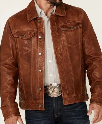 Men s Brown Leather Trucker Jacket Vintage Western Style Genuine Leather Coat
