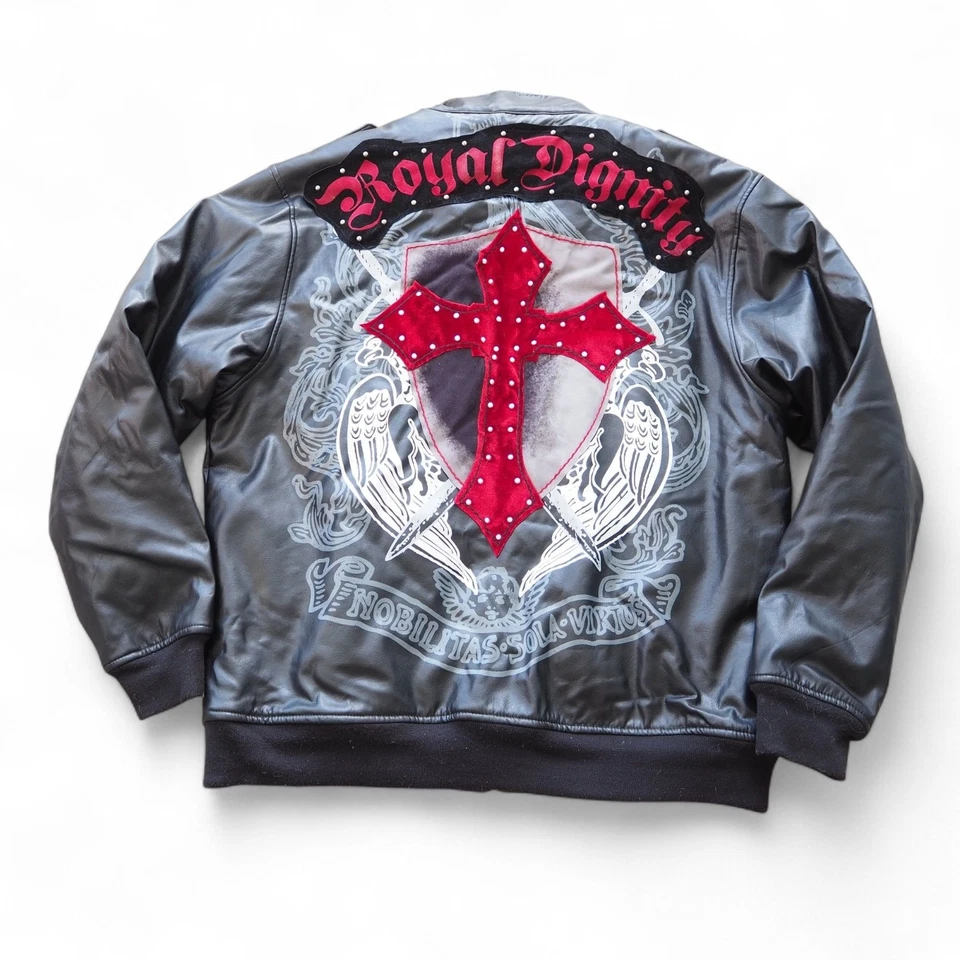 Chaqueta Bomber Azul Crudo Vintage Y2K "Royal Dignity-Cross" Cuero Sintético Para Hombre XL Foto 2 de 4