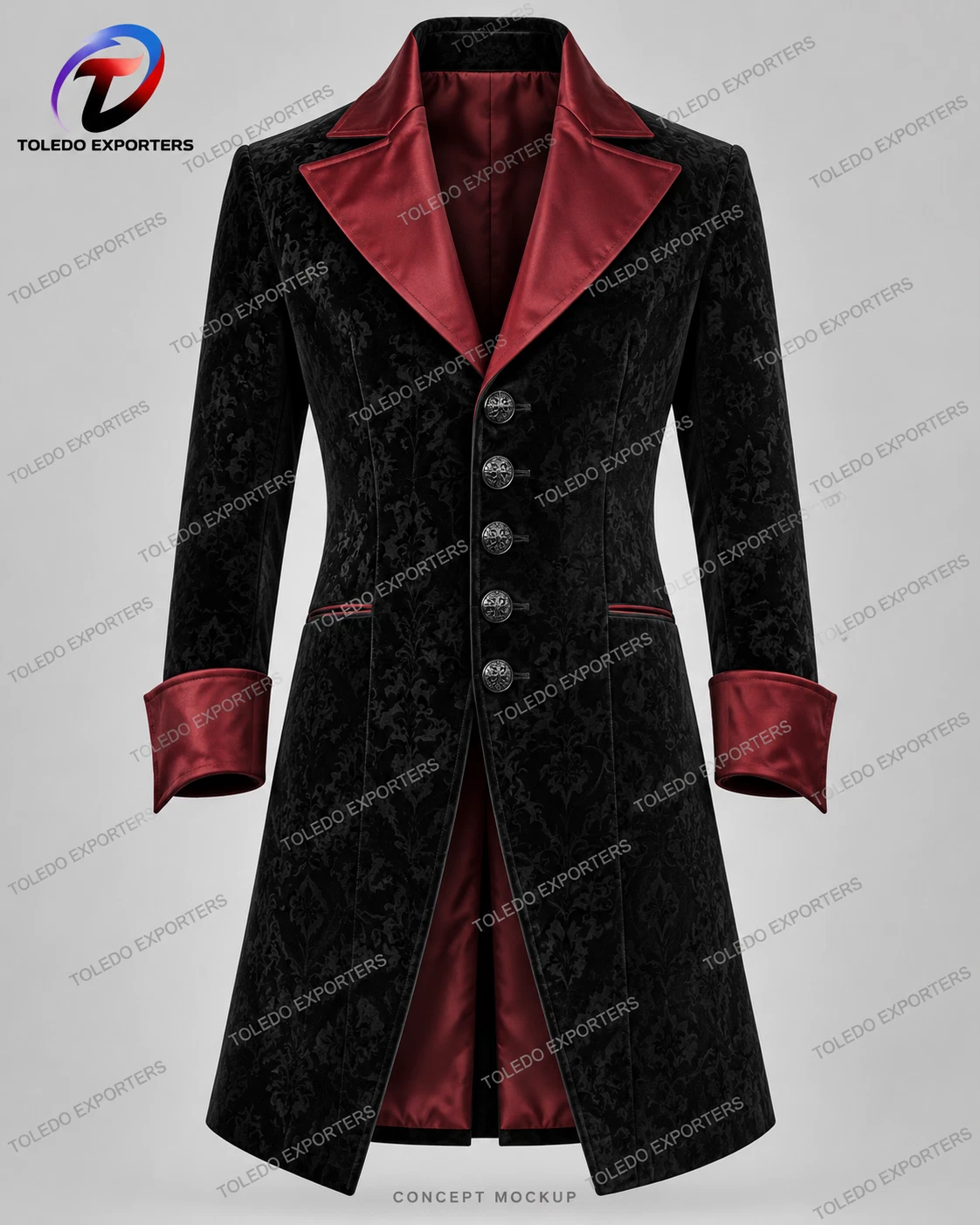 Men’s Gothic Vampire Coat, Black Damask Velvet with Burgundy Lapels and Cuffs - product detail image 1