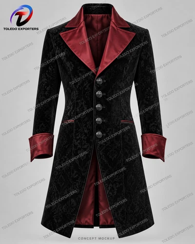 Men’s Gothic Vampire Coat, Black Damask Velvet with Burgundy Lapels and Cuffs video thumbnail