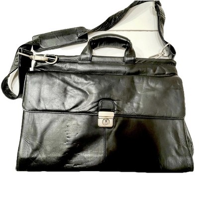 Heritage India Black Leather Laptop Messenger Briefcase Bag Strap Handle 