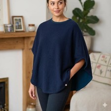 Cove Cashmere Cotton Navy Blue Reversible Poncho Womens Autumn Winter