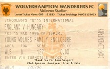 England v Hungary 15/03/96 Under 15 @ Wolves Ticket